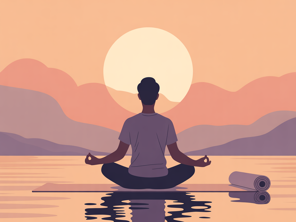 A serene image of a person practicing yoga and meditation at sunrise, representing wellness and peace.