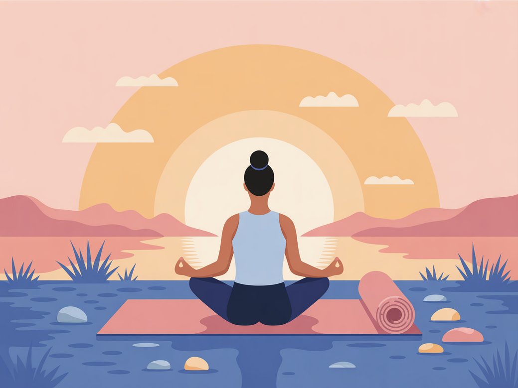 A beginner starting yoga and meditation in a peaceful, sunlit room