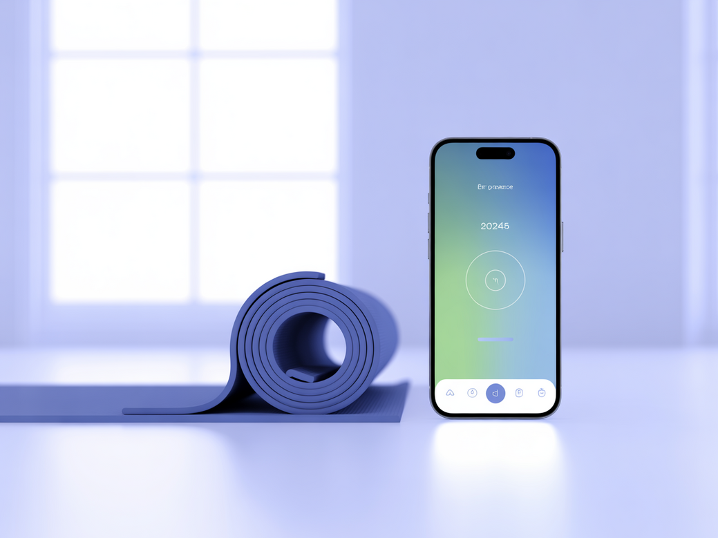 A serene yoga mat next to a smartphone displaying the Vitalizen App, illustrating the starting point for a yoga for beginners journey.