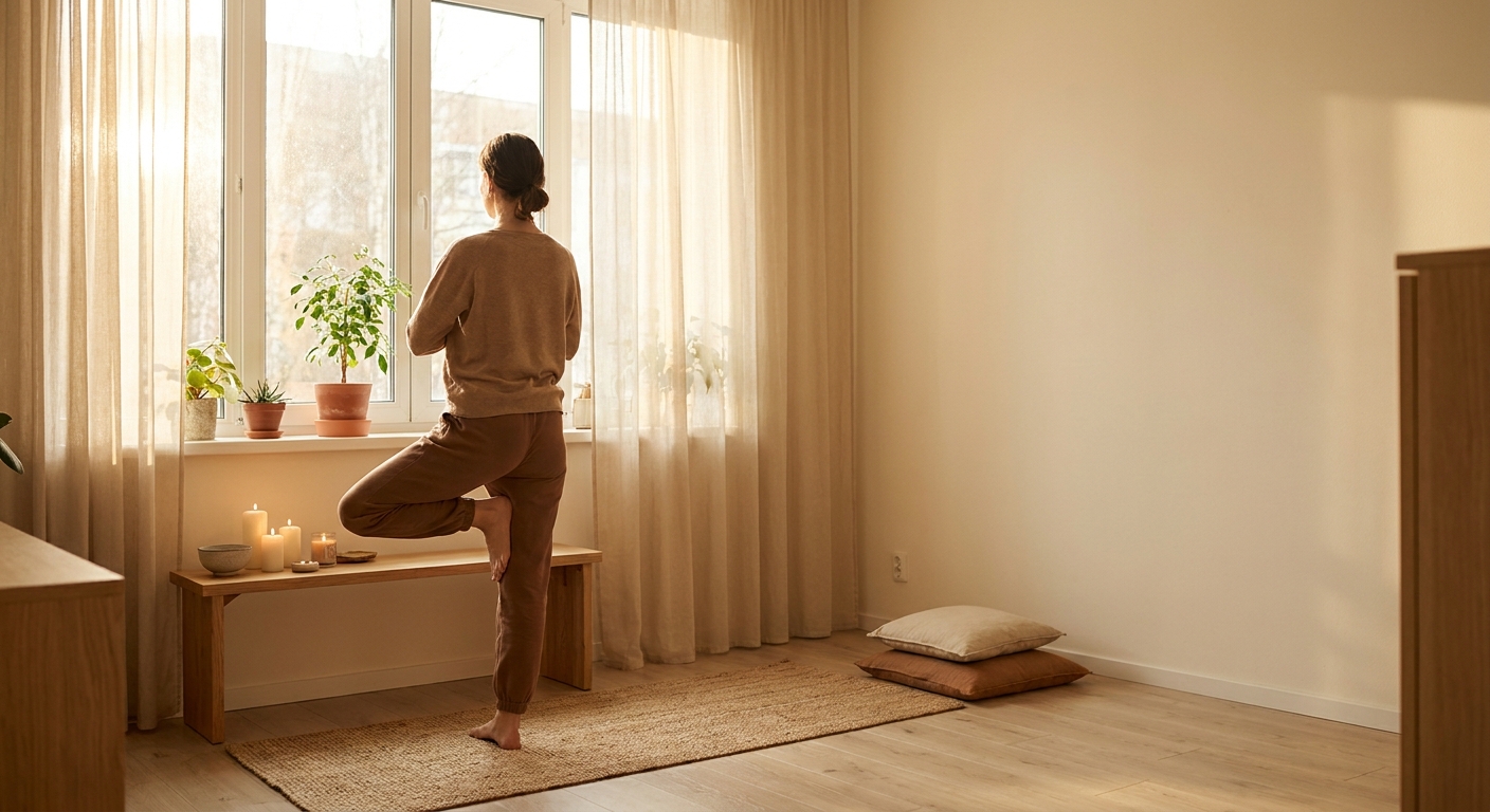 Woman practicing yoga and meditation in a peaceful morning setting for stress relief