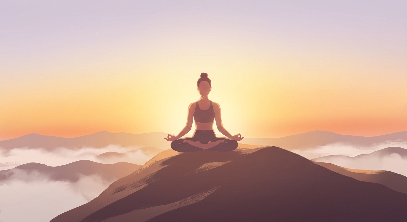 Woman meditating in yoga pose at sunrise with Vitalizen App guiding her wellness journey