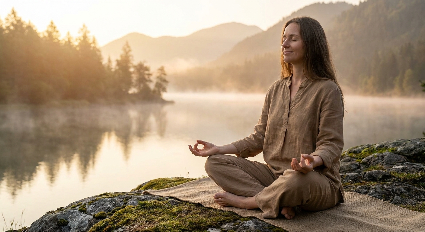 Woman practicing yoga and meditation in nature at sunrise