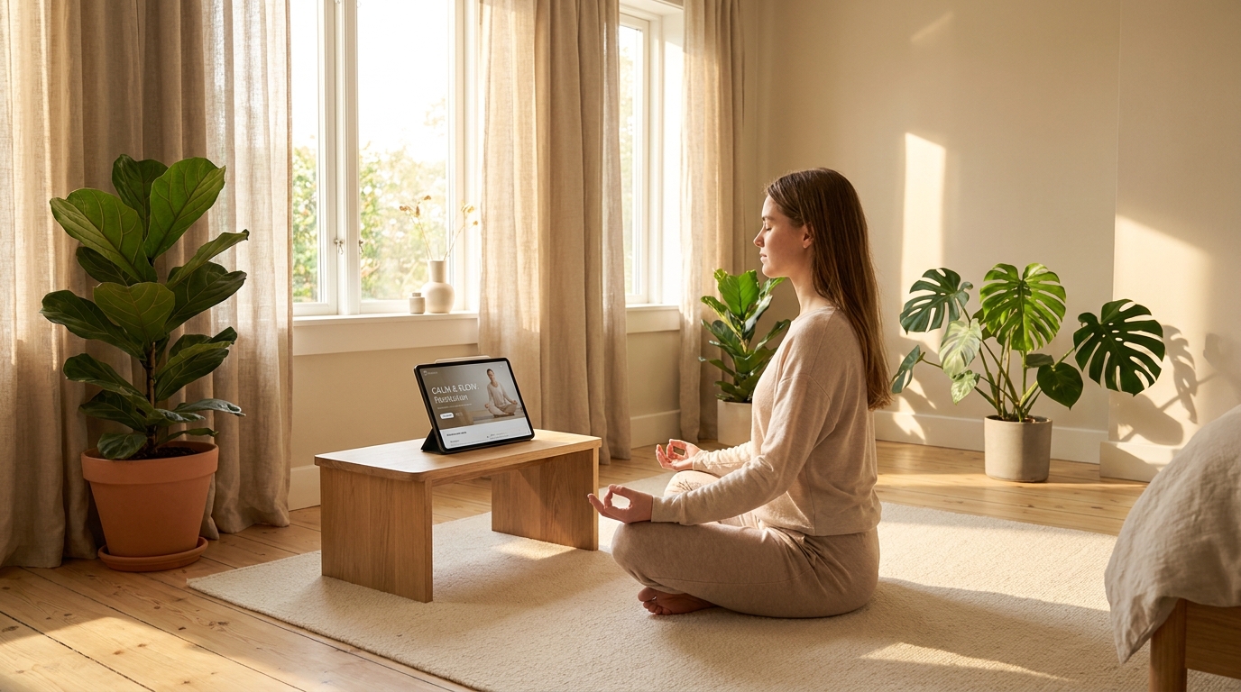 Woman practicing yoga meditation in a bright room with sunlight