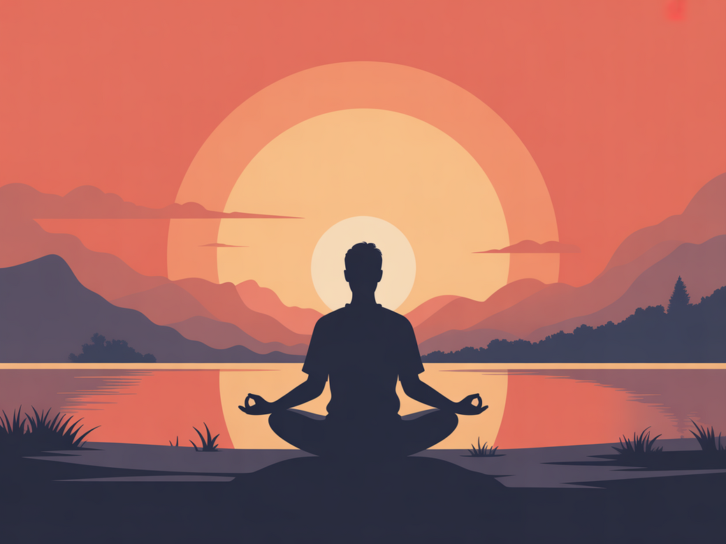 A person starting their yoga and meditation practice in a bright, peaceful room.