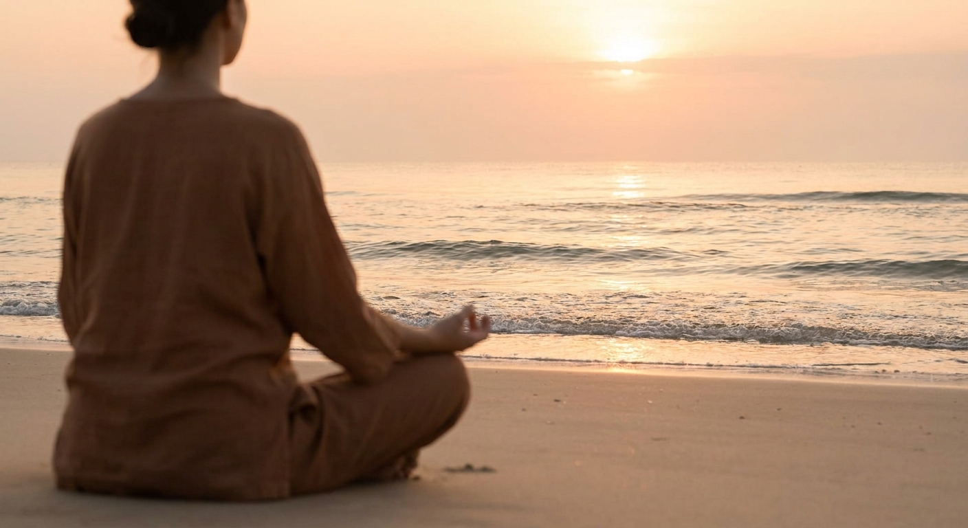 Person meditating in lotus pose at sunrise on a peaceful beach, representing yoga and meditation for mental health