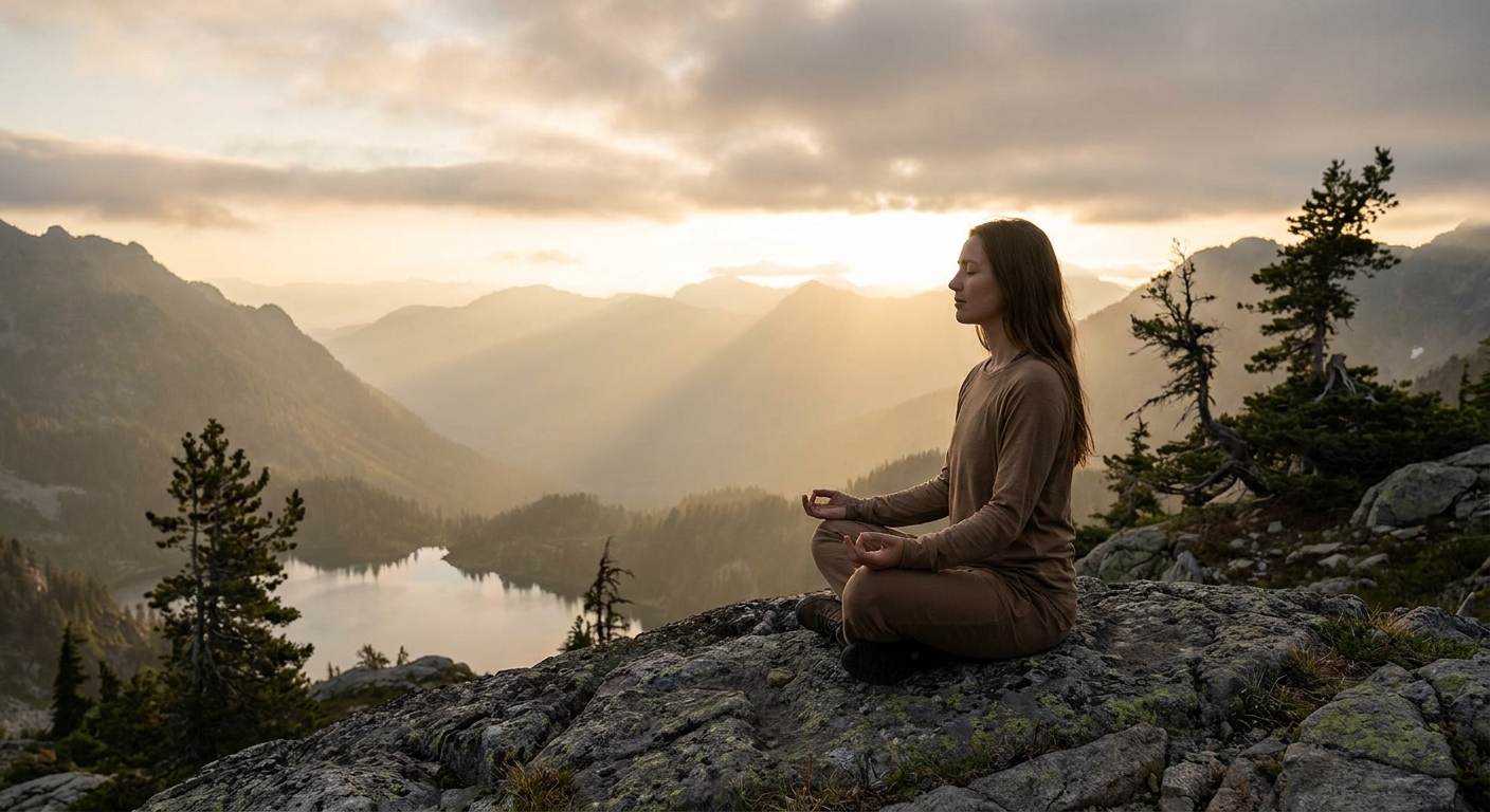 Woman practicing yoga and meditation at sunrise for stress relief and mindfulness