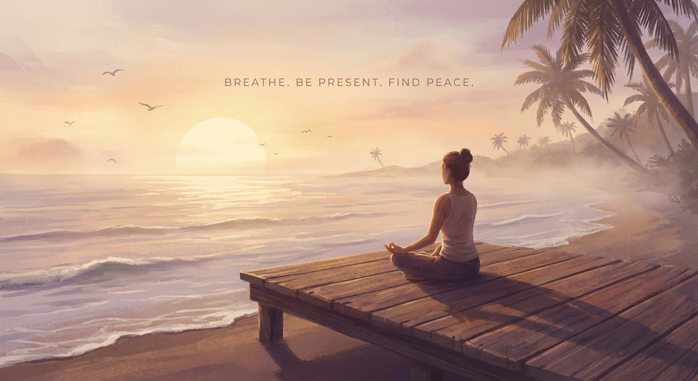 Woman practicing yoga and meditation at sunrise on a peaceful beach, representing wellness and inner peace