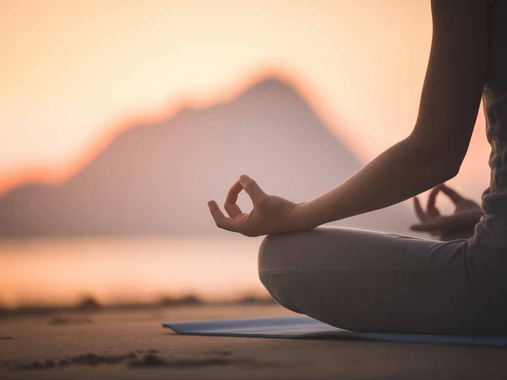 A person practicing yoga and meditation at sunrise, symbolizing the transformative power of wellness.