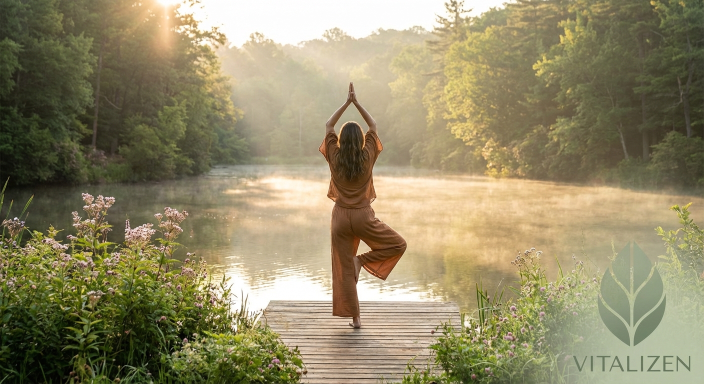 Woman practicing yoga and meditation poses using Vitalizen app at home