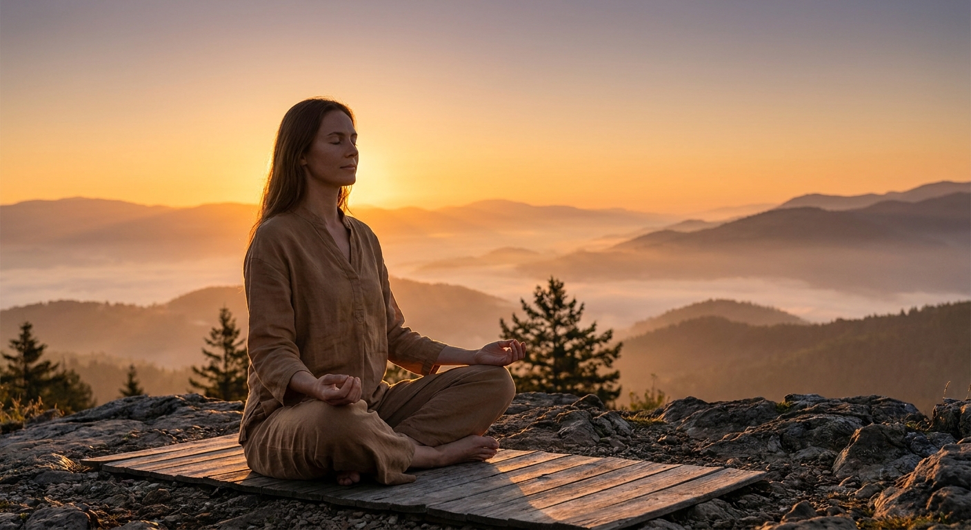 Mulher meditando em pose de yoga pacífica ao nascer do sol