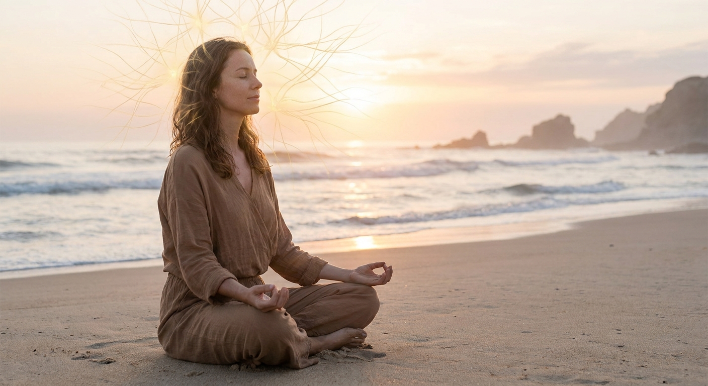 Woman meditating on a beach with golden sunlight and glowing neural pathways representing brain health through yoga and meditation