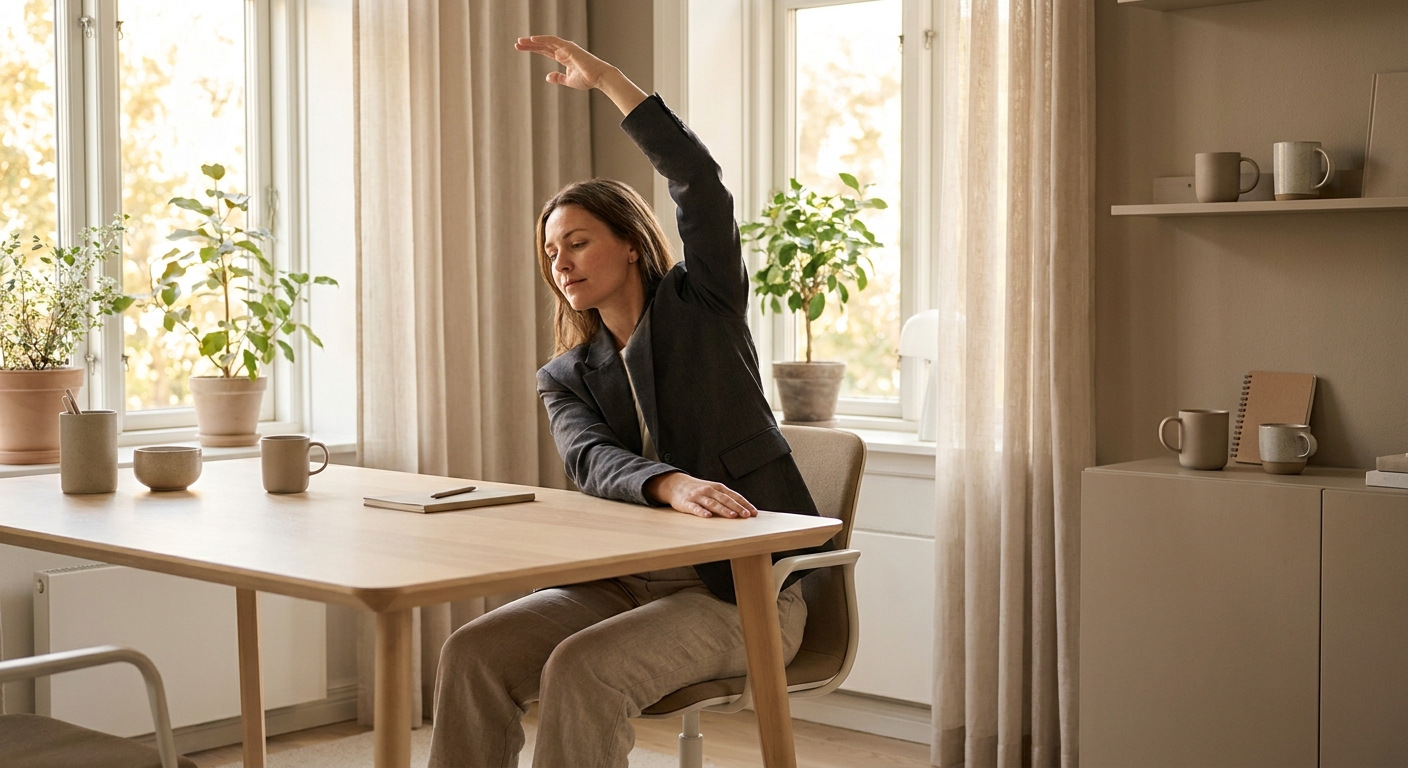 Professional woman practicing desk yoga for wellness and productivity