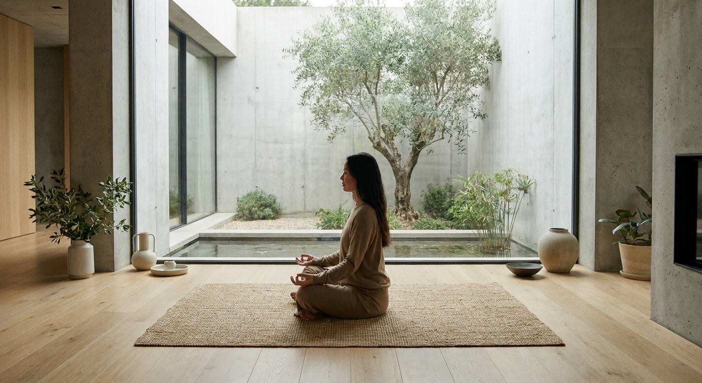Woman practicing yoga and meditation in a serene, sunlit room for balanced life wellness