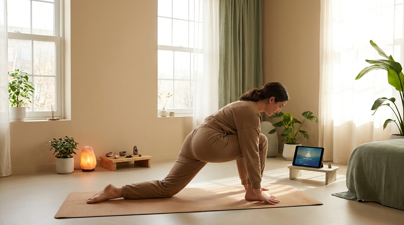 Woman practicing yoga in a peaceful sunlit room with meditation ambiance