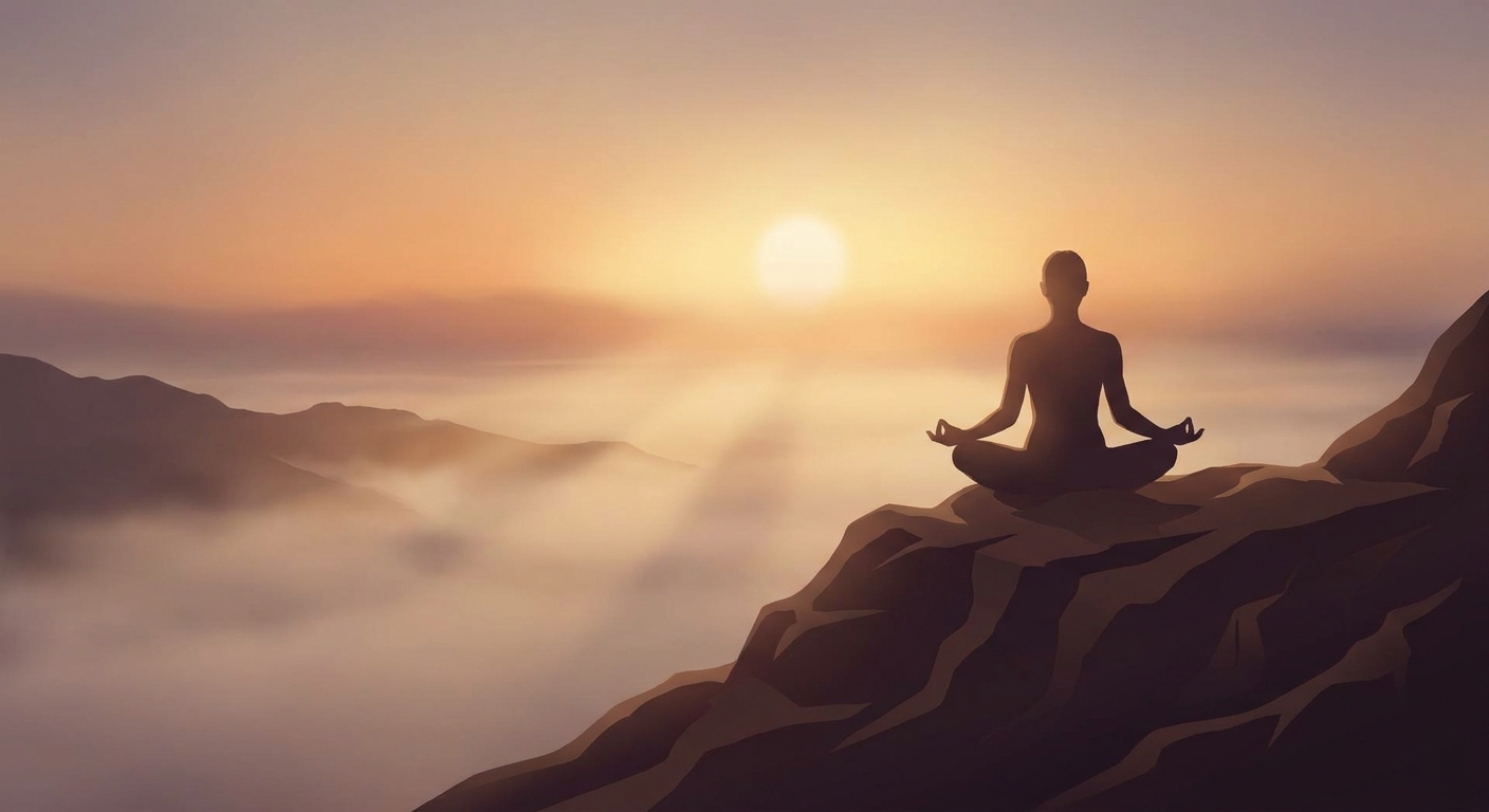 Mulher meditando em posição de lótus no topo de uma montanha ao amanhecer - yoga e meditação para paz interior