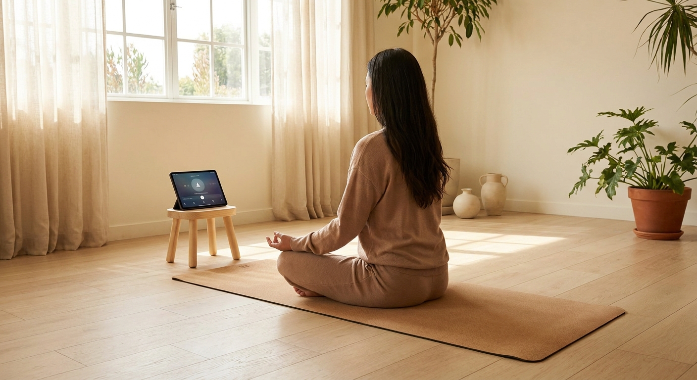 Woman meditating peacefully in a bright room practicing yoga and mindfulness with Vitalizen App
