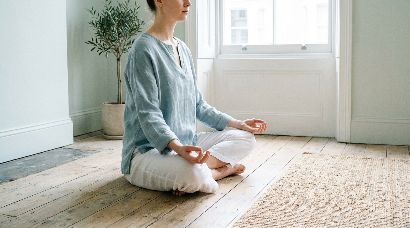 Person practicing yoga and meditation in serene natural setting demonstrating mind-body connection