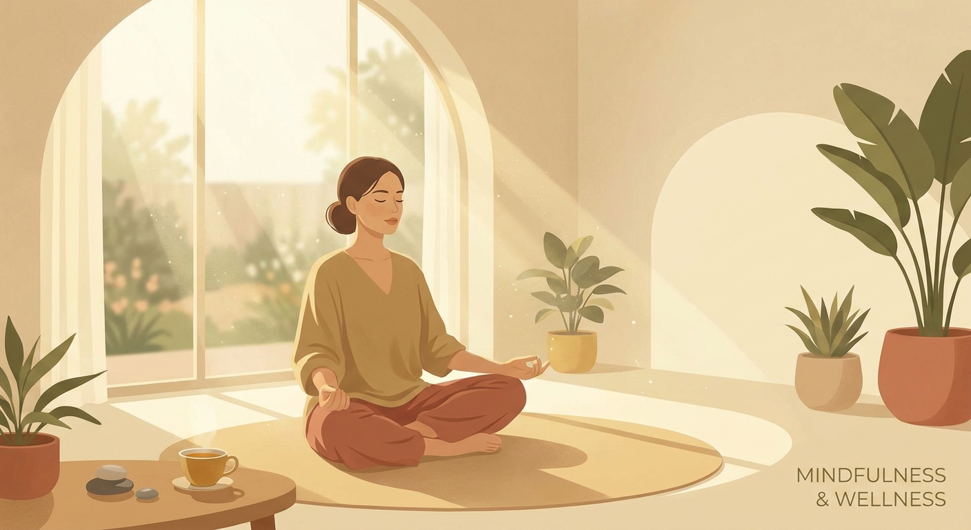 Woman practicing yoga and meditation for mental clarity in a peaceful sunlit room