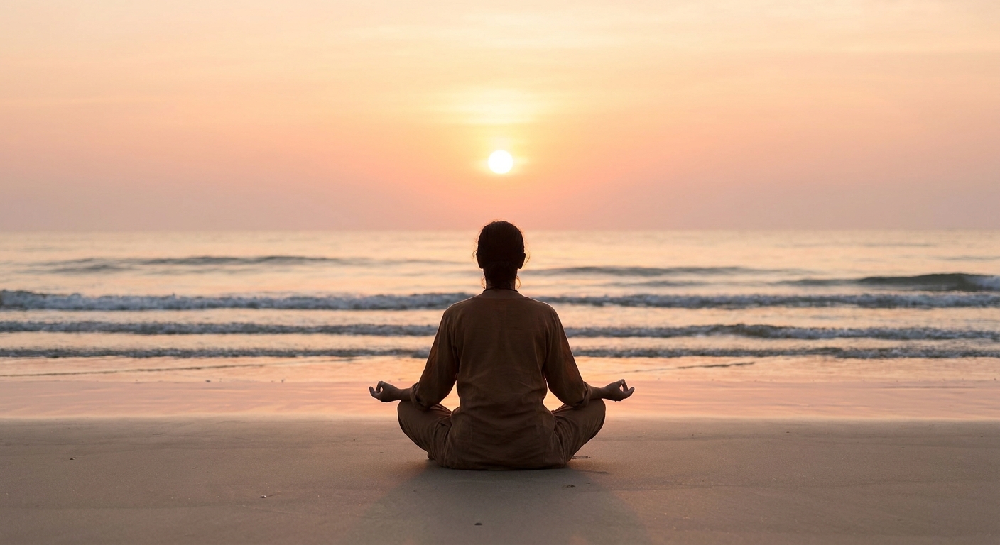 Person practicing yoga meditation at sunrise by the beach - Vitalizen App wellness
