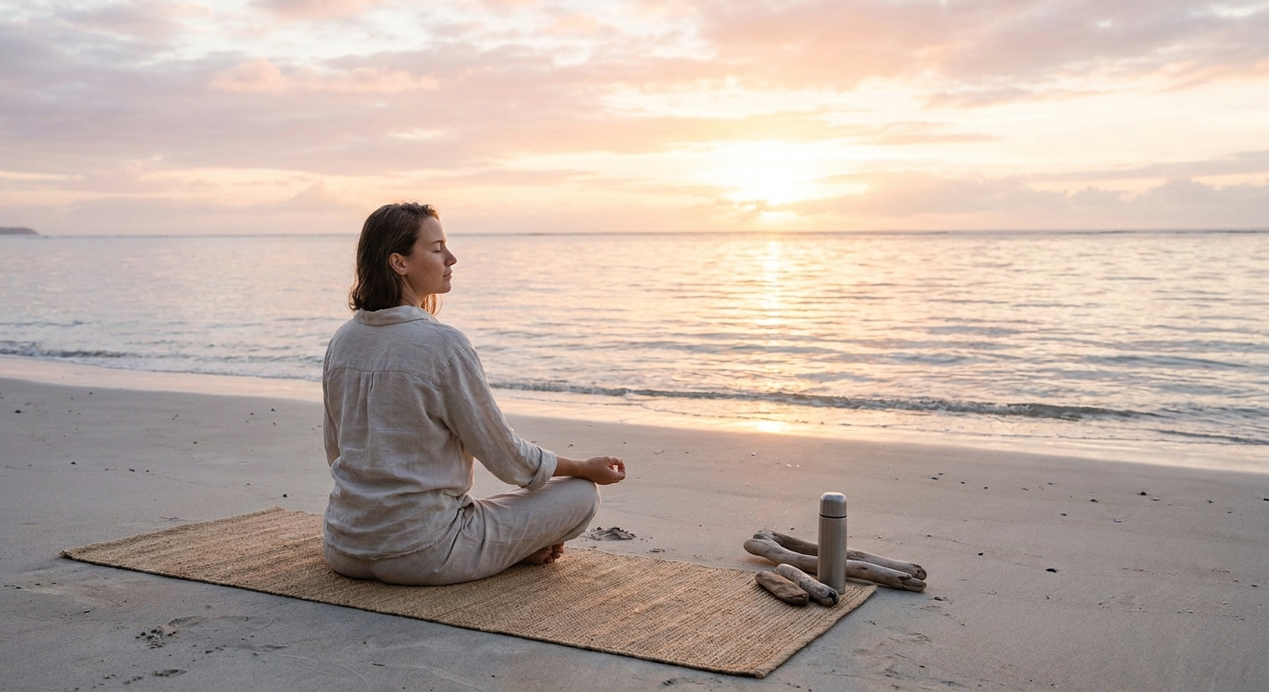 Person meditating at sunrise on the beach, yoga and meditation practice for mindfulness