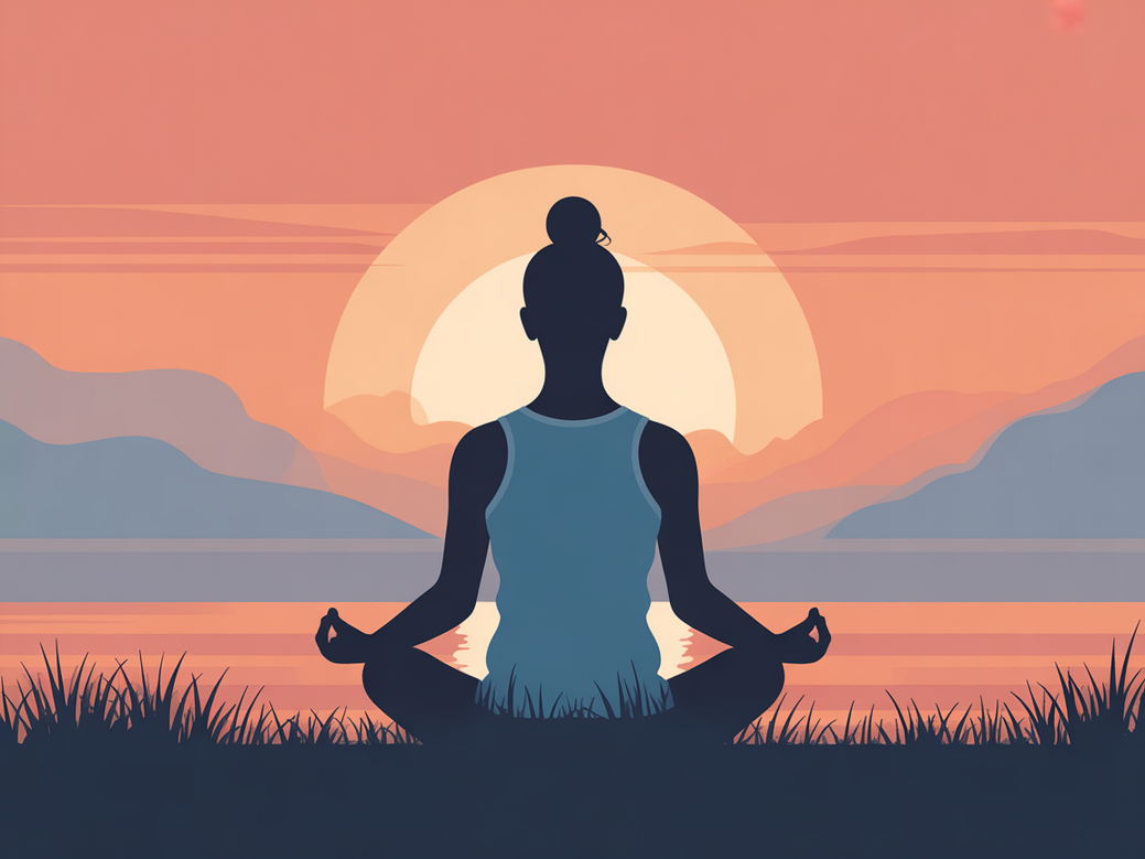 Woman practicing yoga and meditation at sunrise, representing peace and transformation.