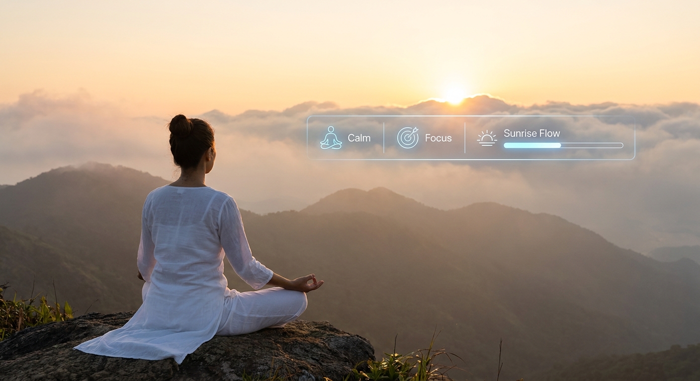 Mulher meditando em pose de yoga ao nascer do sol com interface do aplicativo Vitalizen