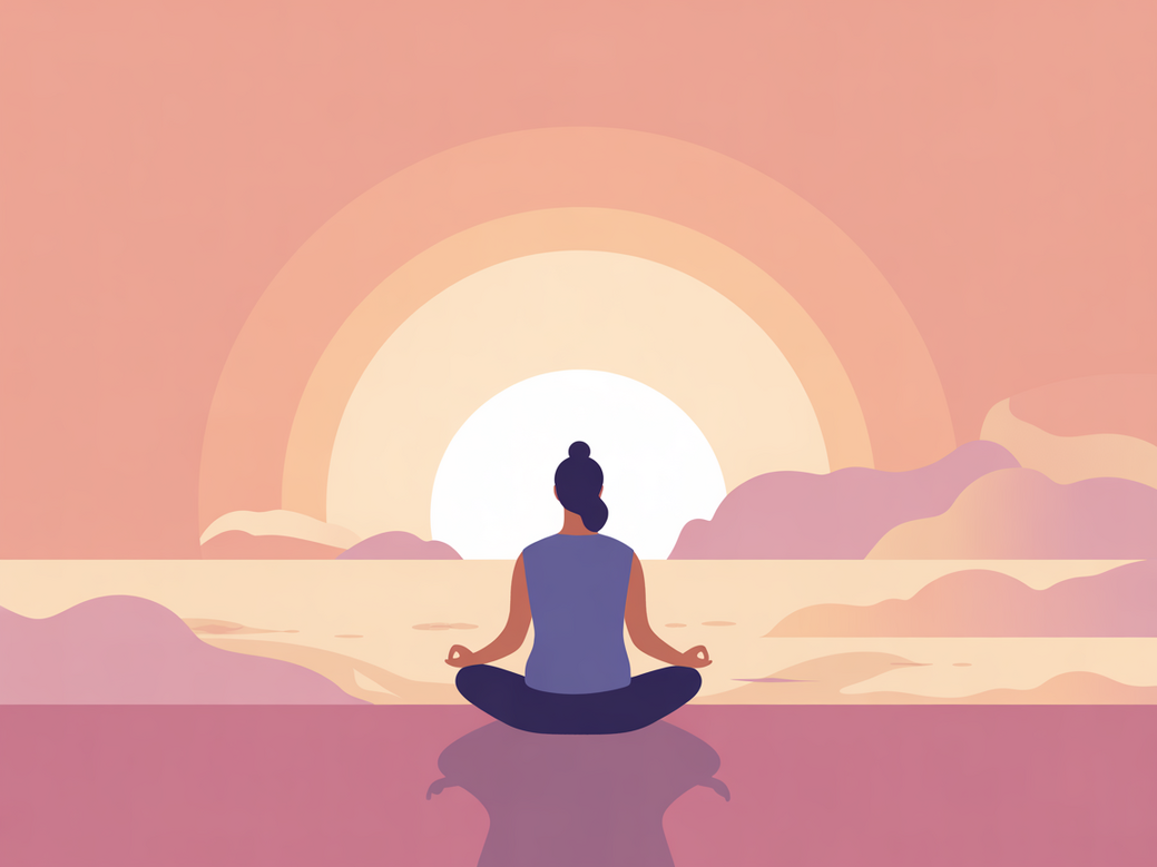 A person starting their yoga and meditation journey, meditating peacefully at sunrise.