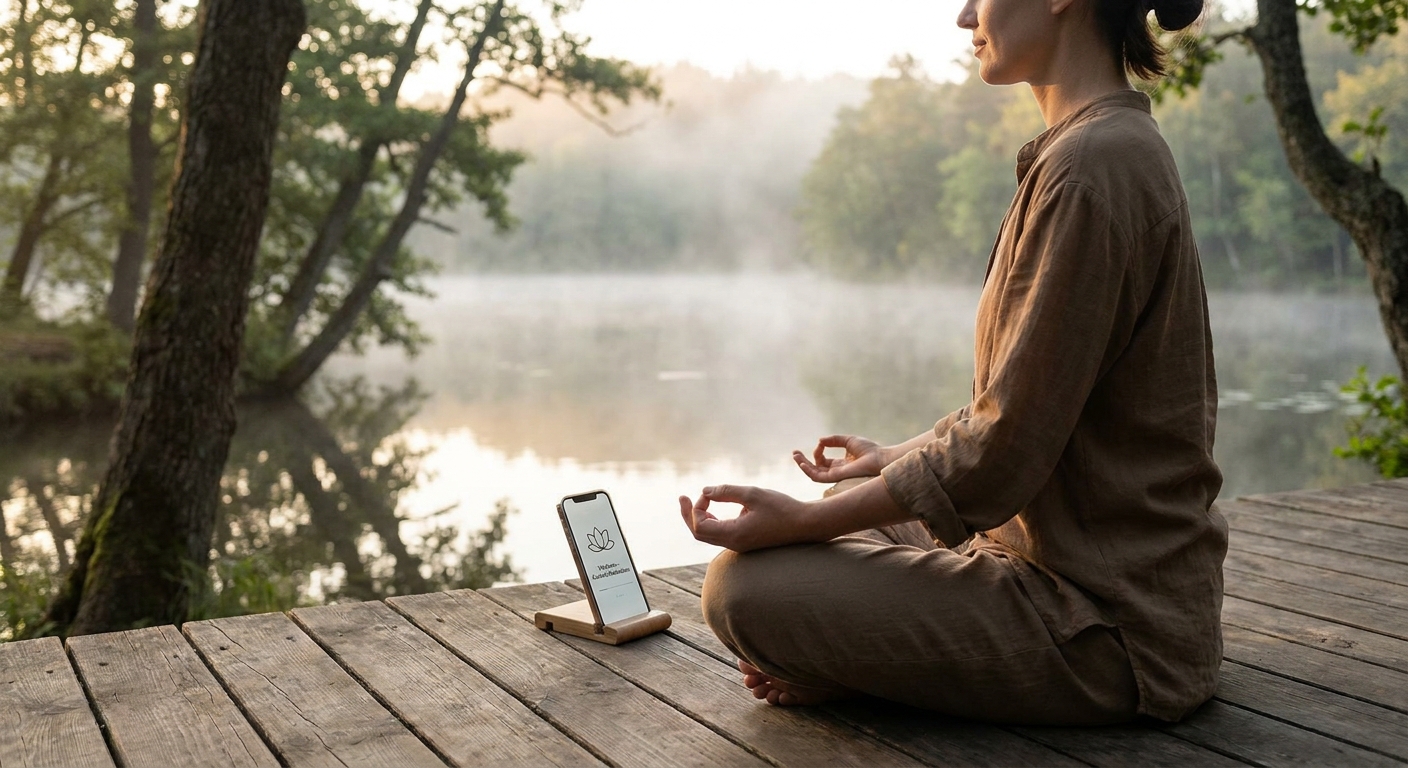 Person meditating in nature while using Vitalizen yoga and meditation app