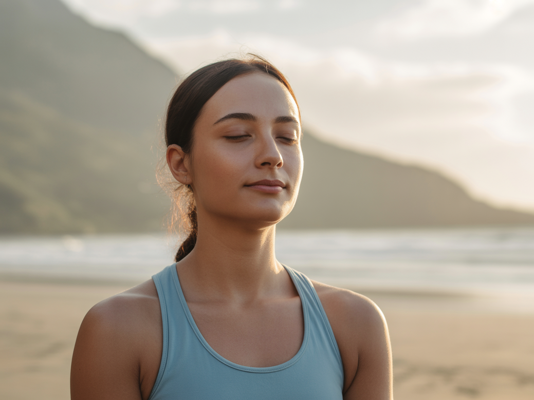A person meditating peacefully outdoors, illustrating the mental health benefits of yoga and meditation.