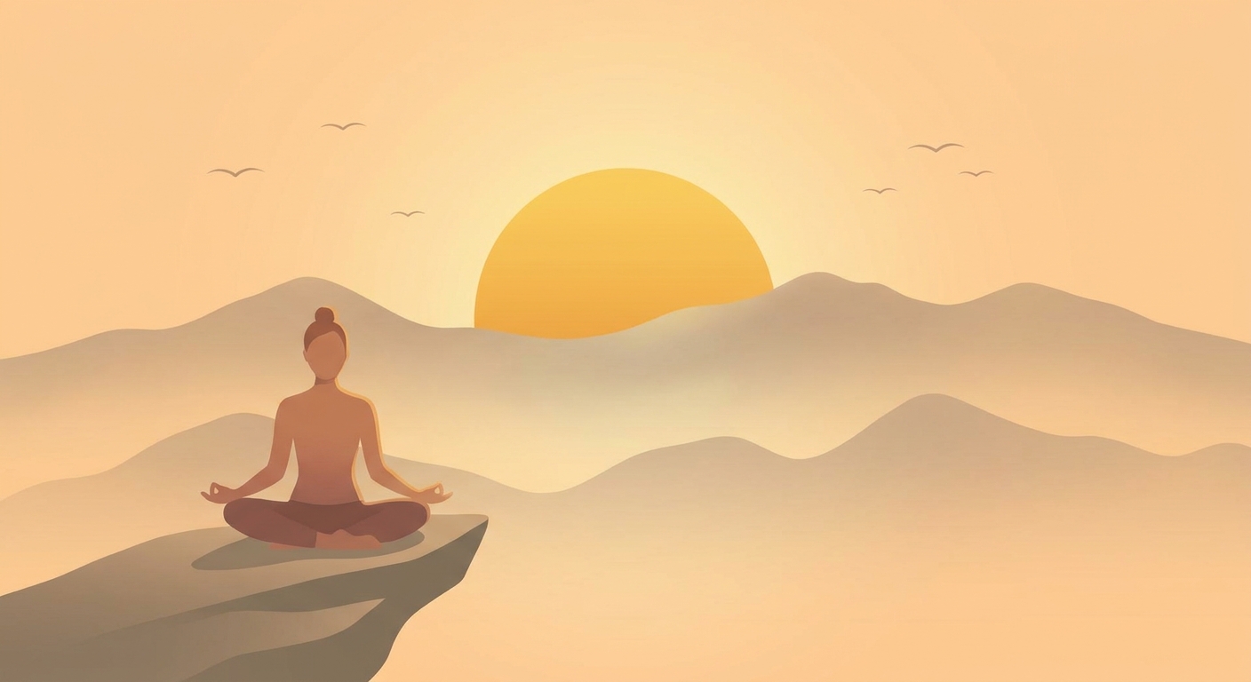 Pessoa meditando em pose de yoga ao nascer do sol, conceito de saúde mental e bem-estar