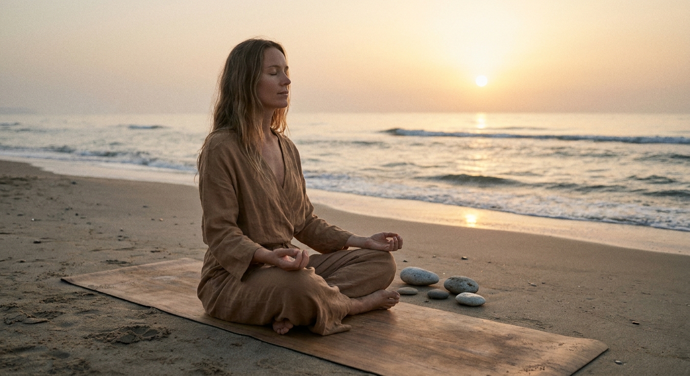 Woman meditating at sunrise on the beach practicing yoga and mindfulness for mental wellness