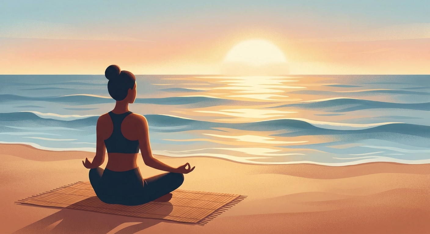 Person meditating in lotus pose at sunrise on a calm beach, representing yoga and meditation for mind-body wellness