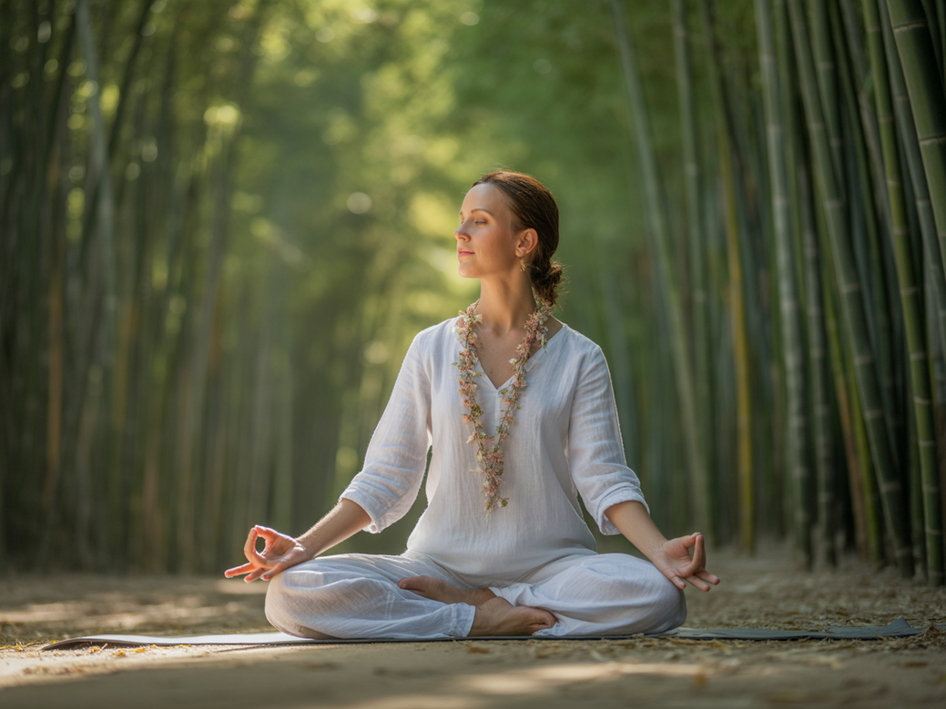 A person meditating in a serene environment, symbolizing mindfulness achieved through yoga and meditation