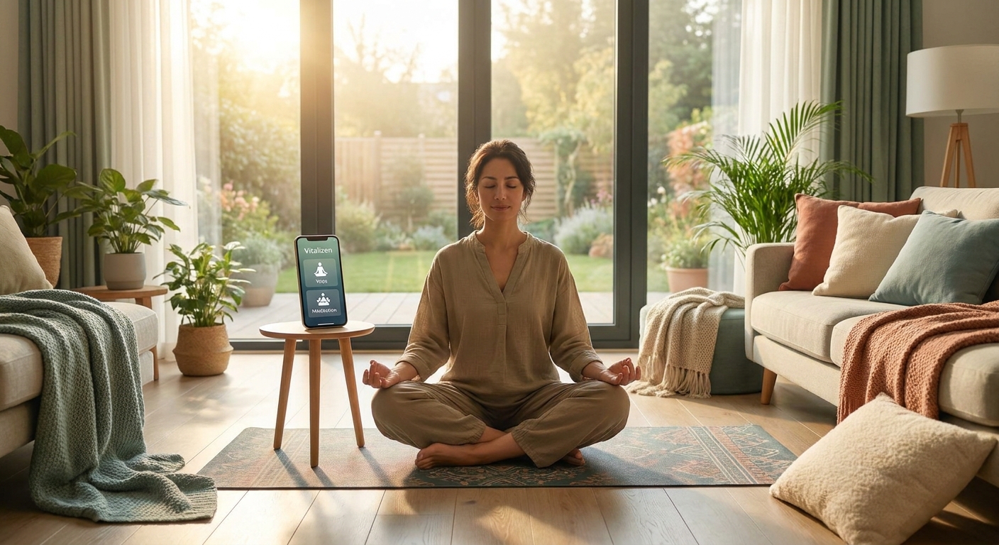 Person meditating at home in the morning using Vitalizen app