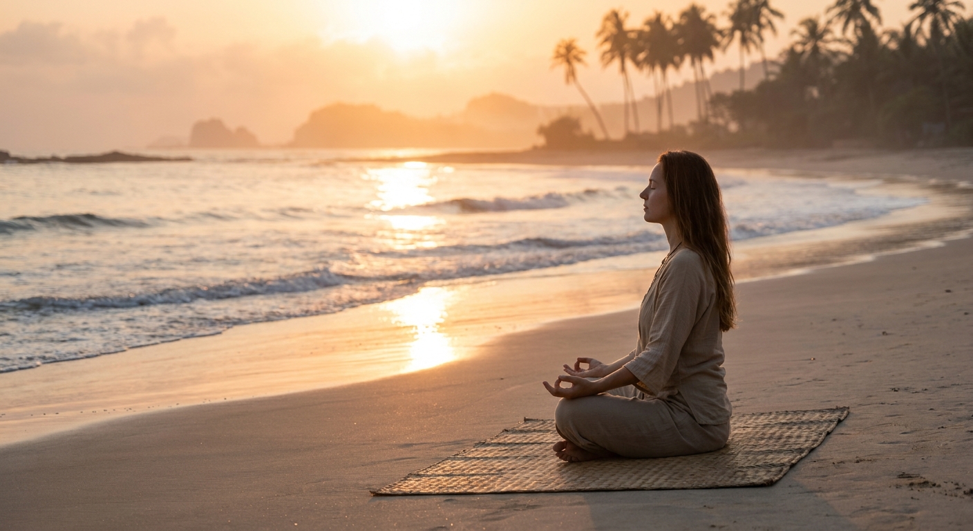 Woman meditating at sunrise for morning yoga routine with Vitalizen App
