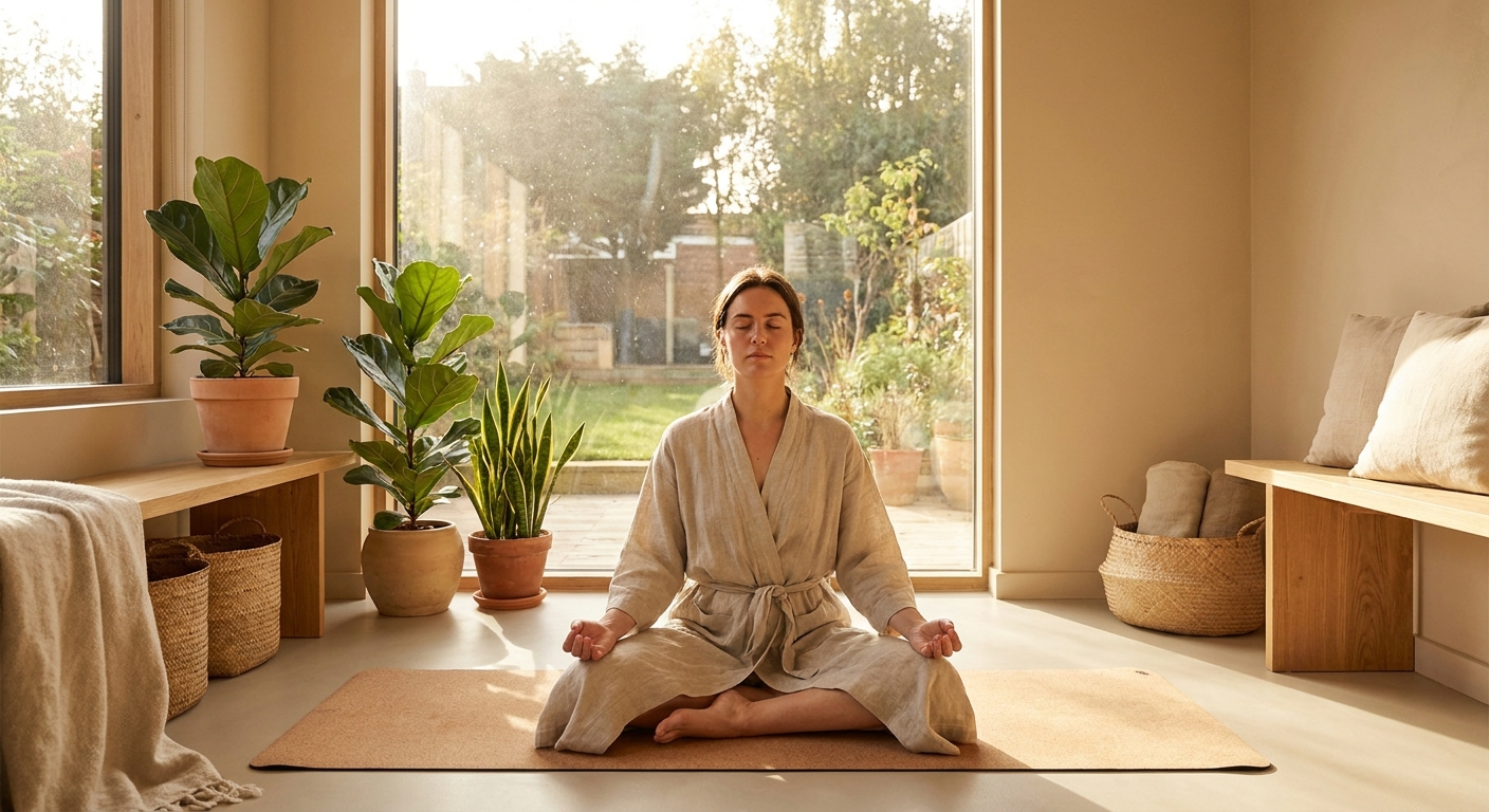 Woman practicing yoga and meditation at sunrise in a peaceful room