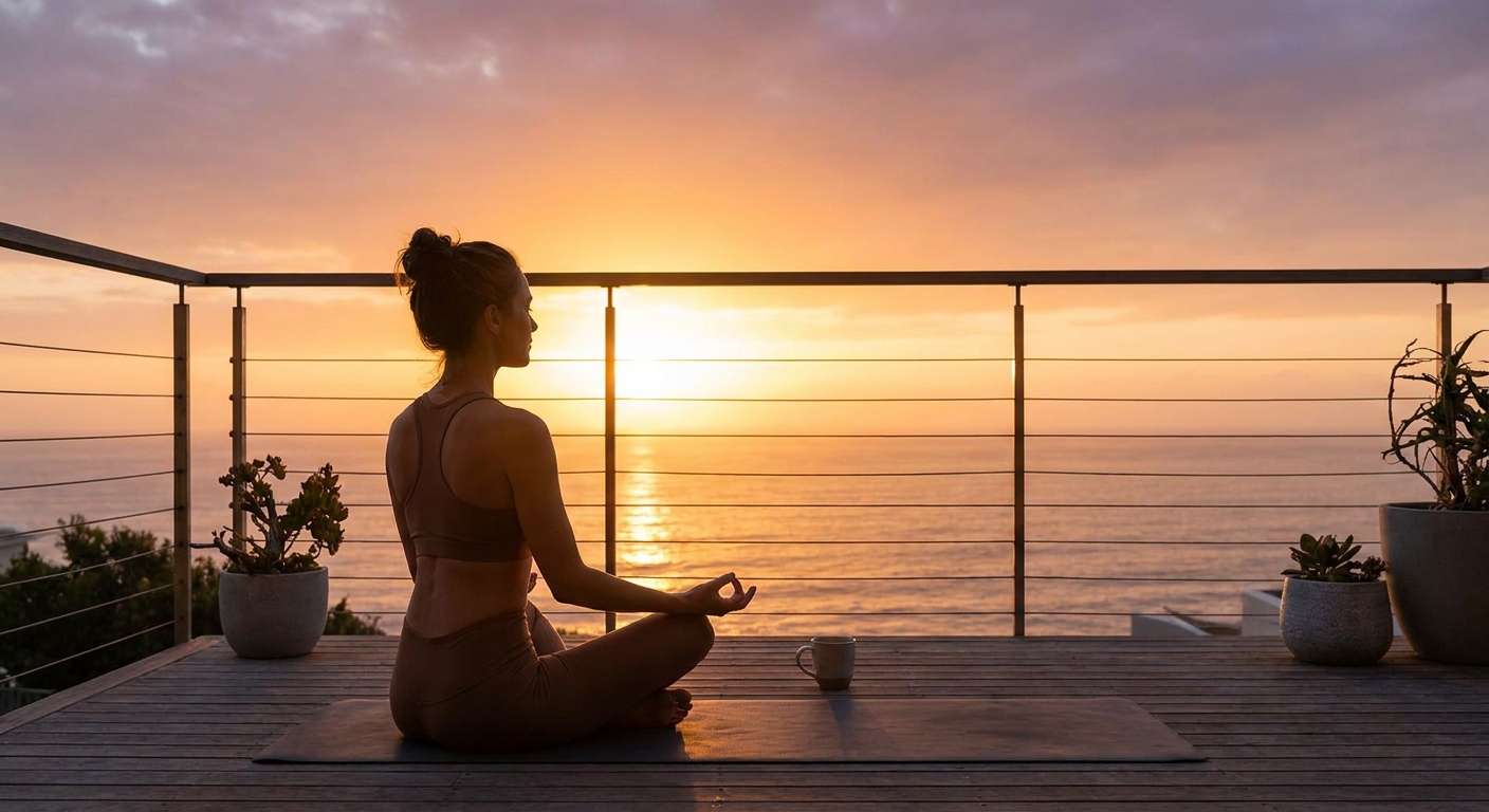 Woman practicing morning yoga and meditation routine at sunrise on a balcony overlooking the ocean