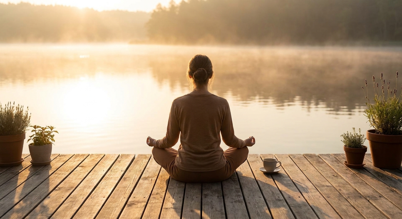 Woman practicing yoga and meditation by the lake at sunrise, peaceful morning wellness routine
