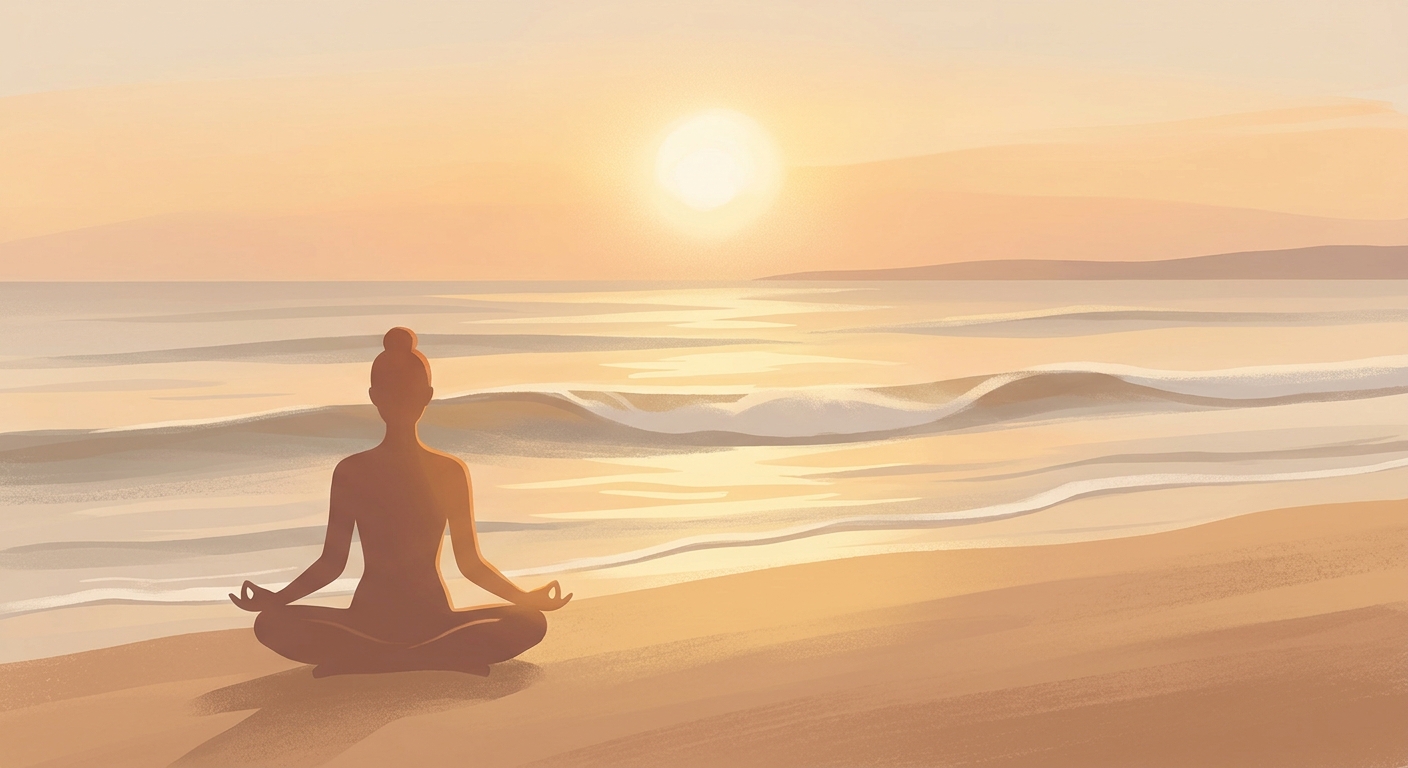 Mulher meditando ao nascer do sol na praia, praticando yoga e mindfulness