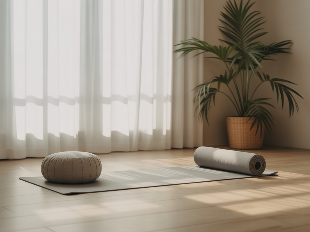 Woman practicing yoga and meditation in a calm, serene environment to start her journey in 2025.