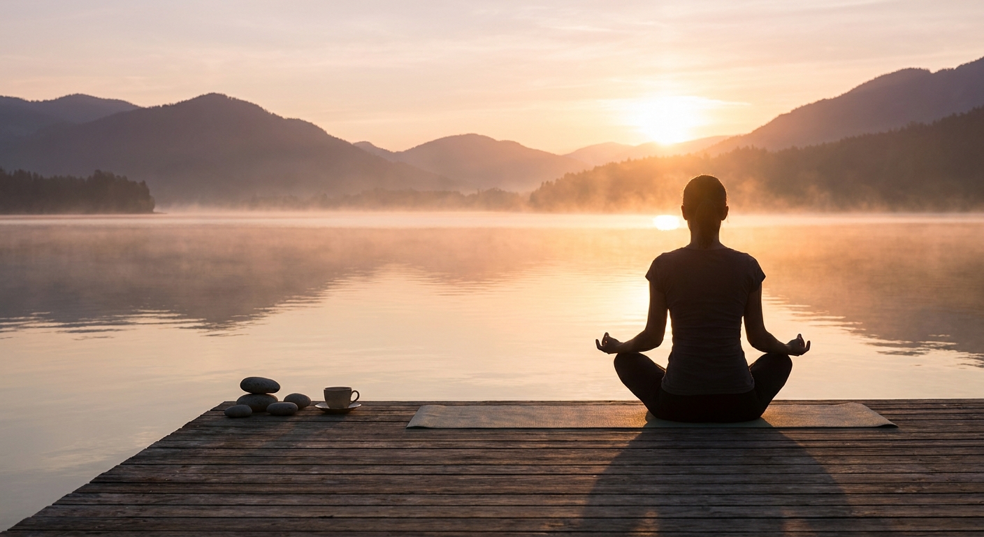 Pessoa praticando yoga e meditação ao nascer do sol para aliviar o estresse e cultivar mindfulness