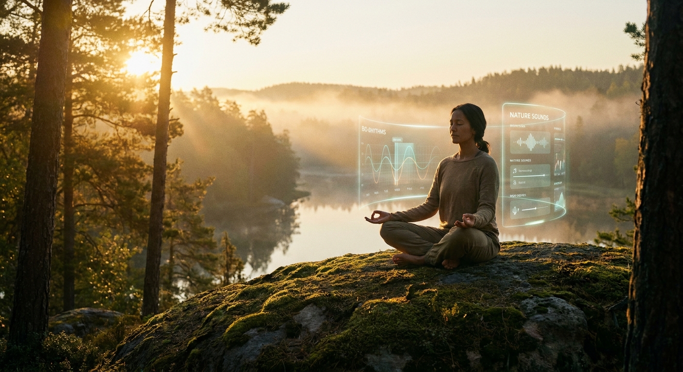 Woman practicing yoga meditation for stress relief in a peaceful natural setting