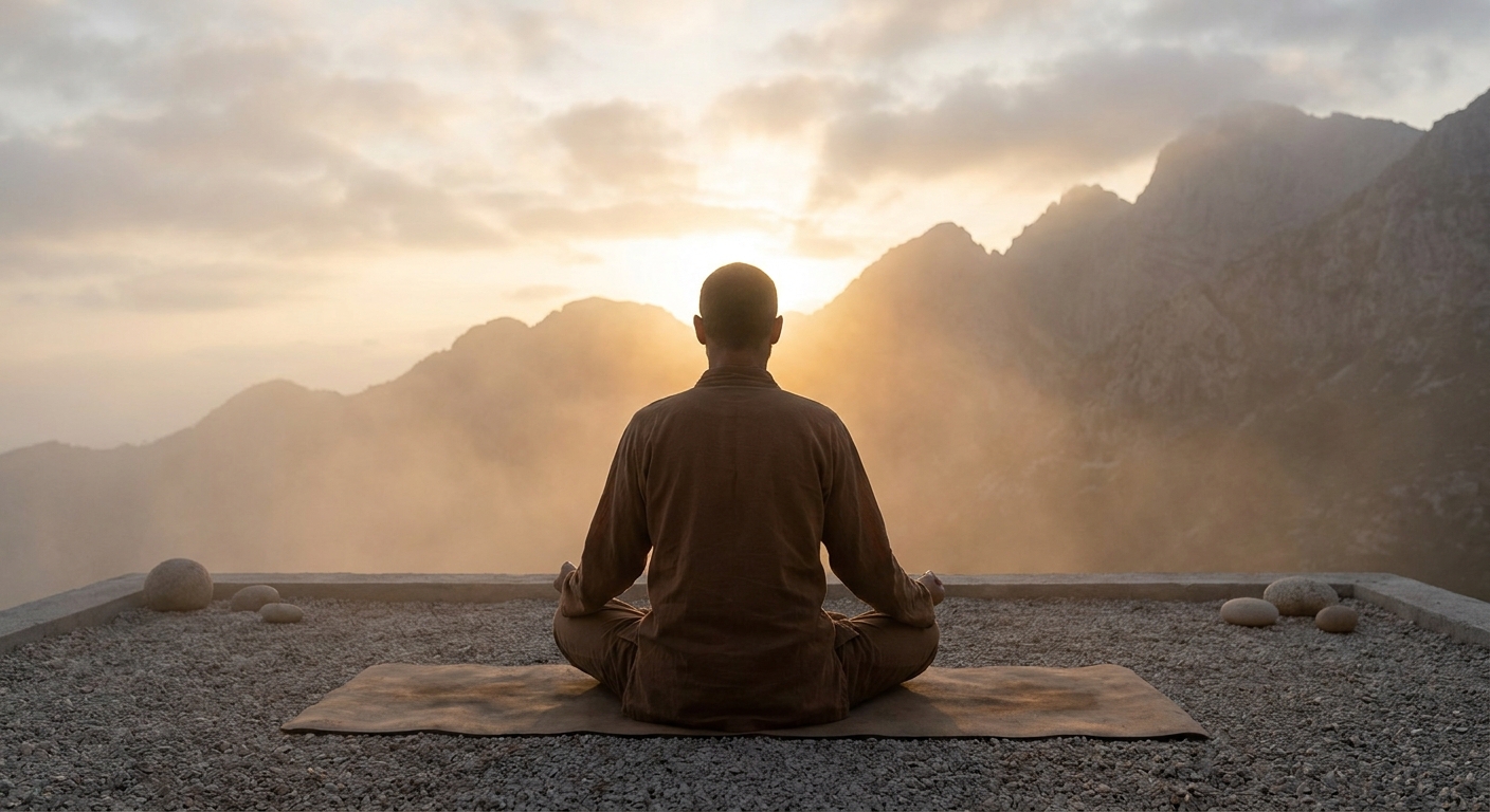Pessoa praticando yoga e meditação ao nascer do sol para aliviar o estresse e encontrar paz interior