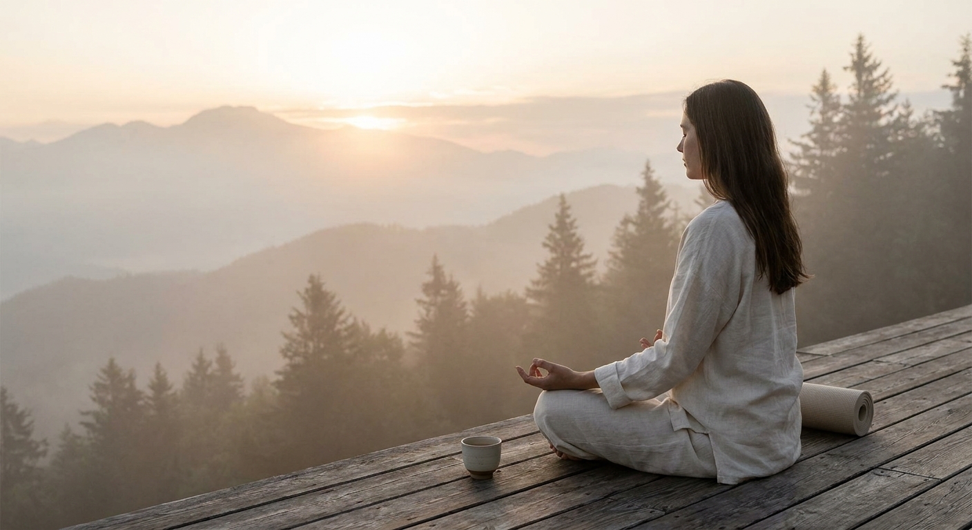 Woman practicing yoga and meditation at sunrise for stress relief and mindfulness