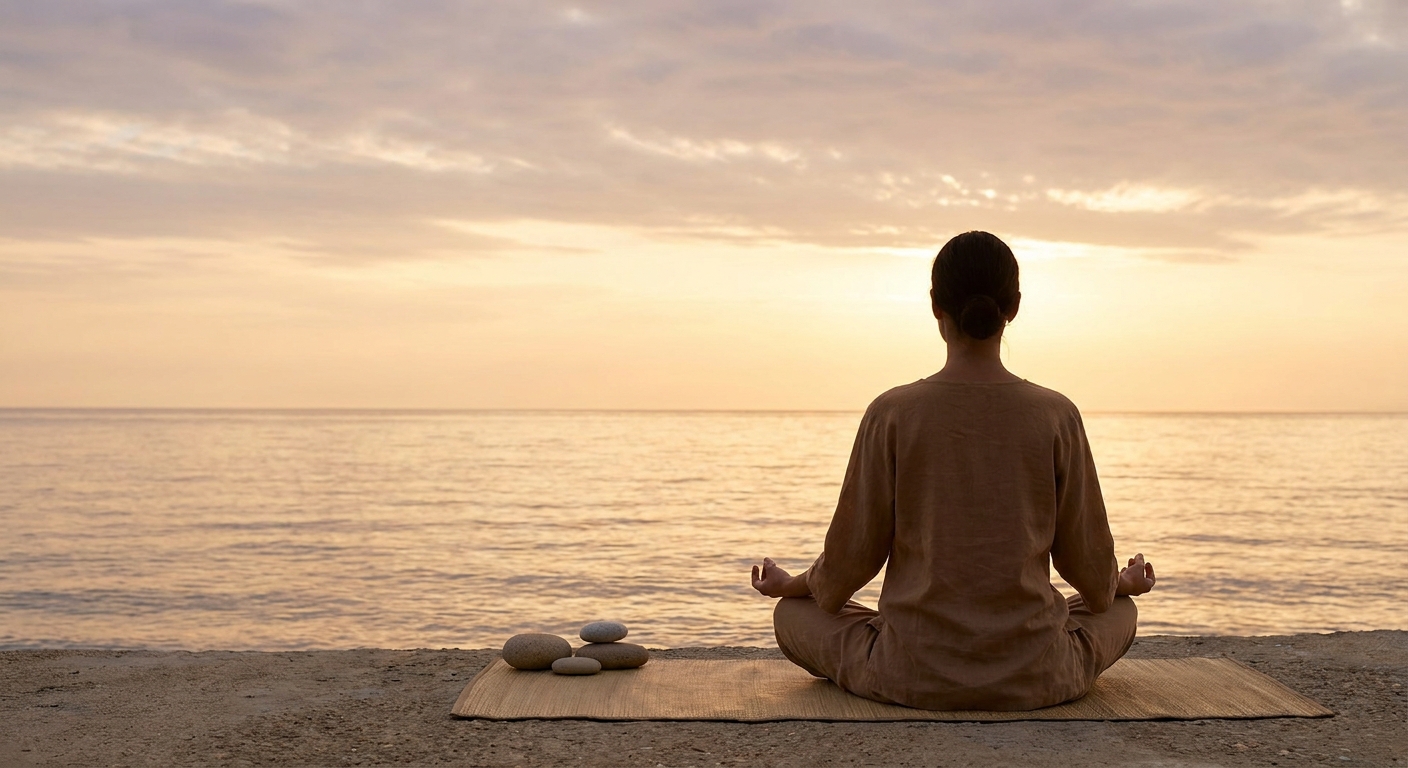 Person practicing yoga and meditation at sunrise for wellness and mindfulness