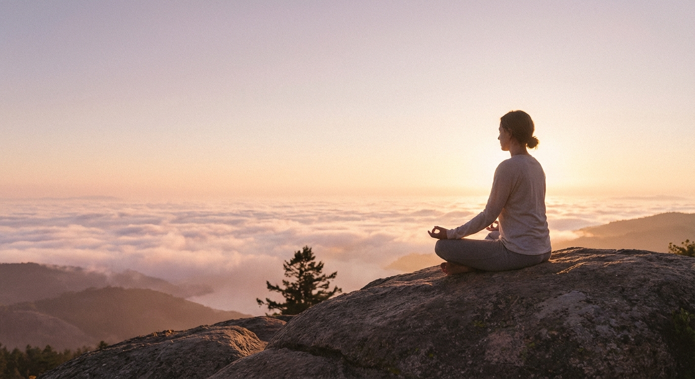 Person practicing yoga and meditation at sunrise with the Vitalizen App
