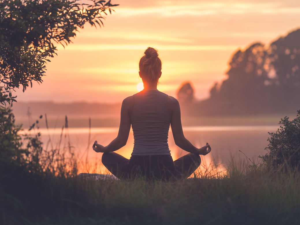Person practicing yoga and meditation at sunrise, symbolizing wellness transformation.