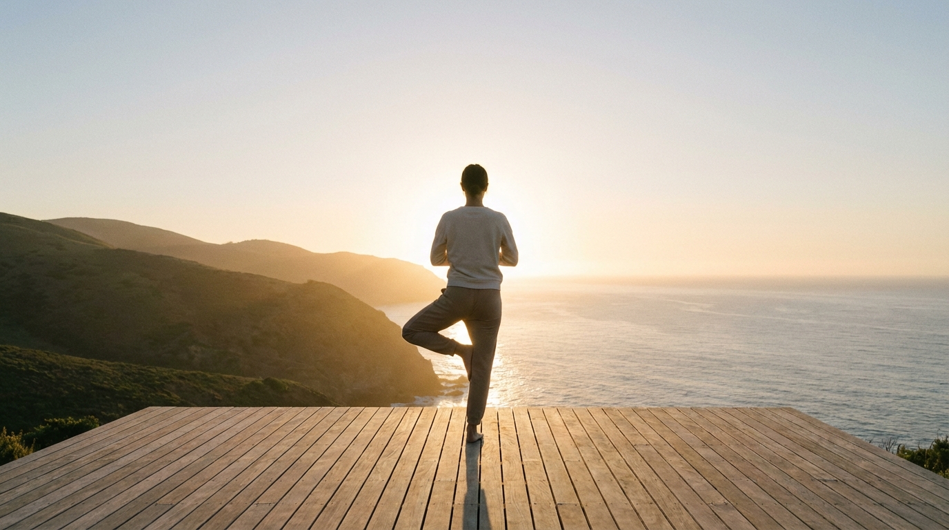 Person practicing yoga and meditation at sunrise using Vitalizen App for stress relief