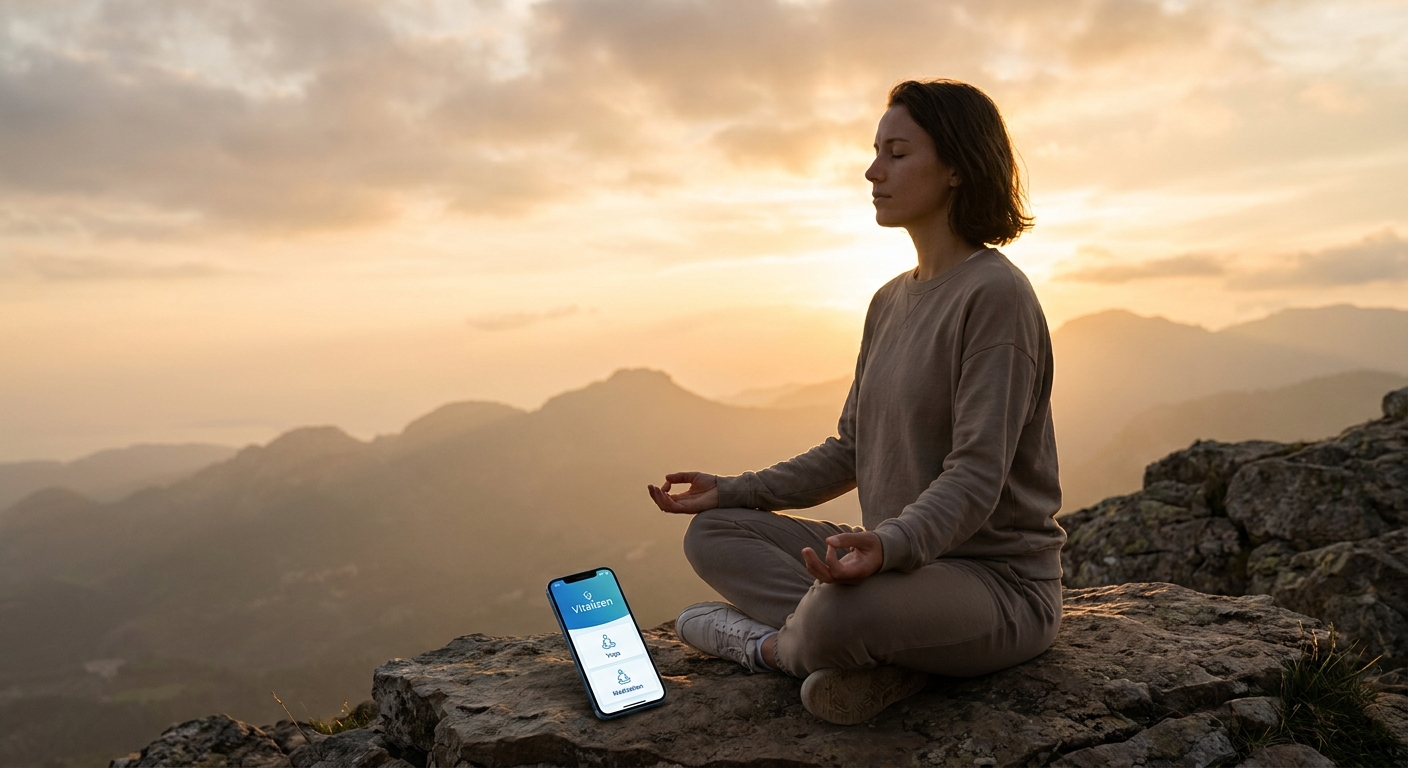 Woman meditating at sunrise with the Vitalizen App for yoga and meditation