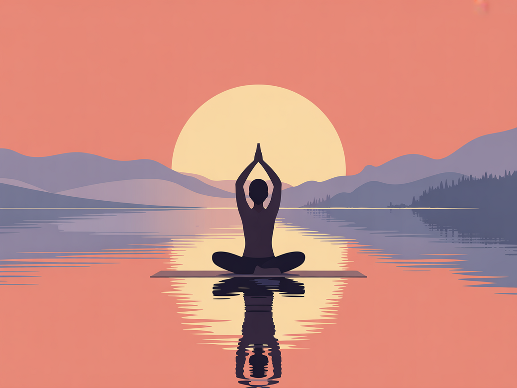 A person practicing yoga and meditation for stress relief at sunrise, with the Vitalizen App on a smartphone.